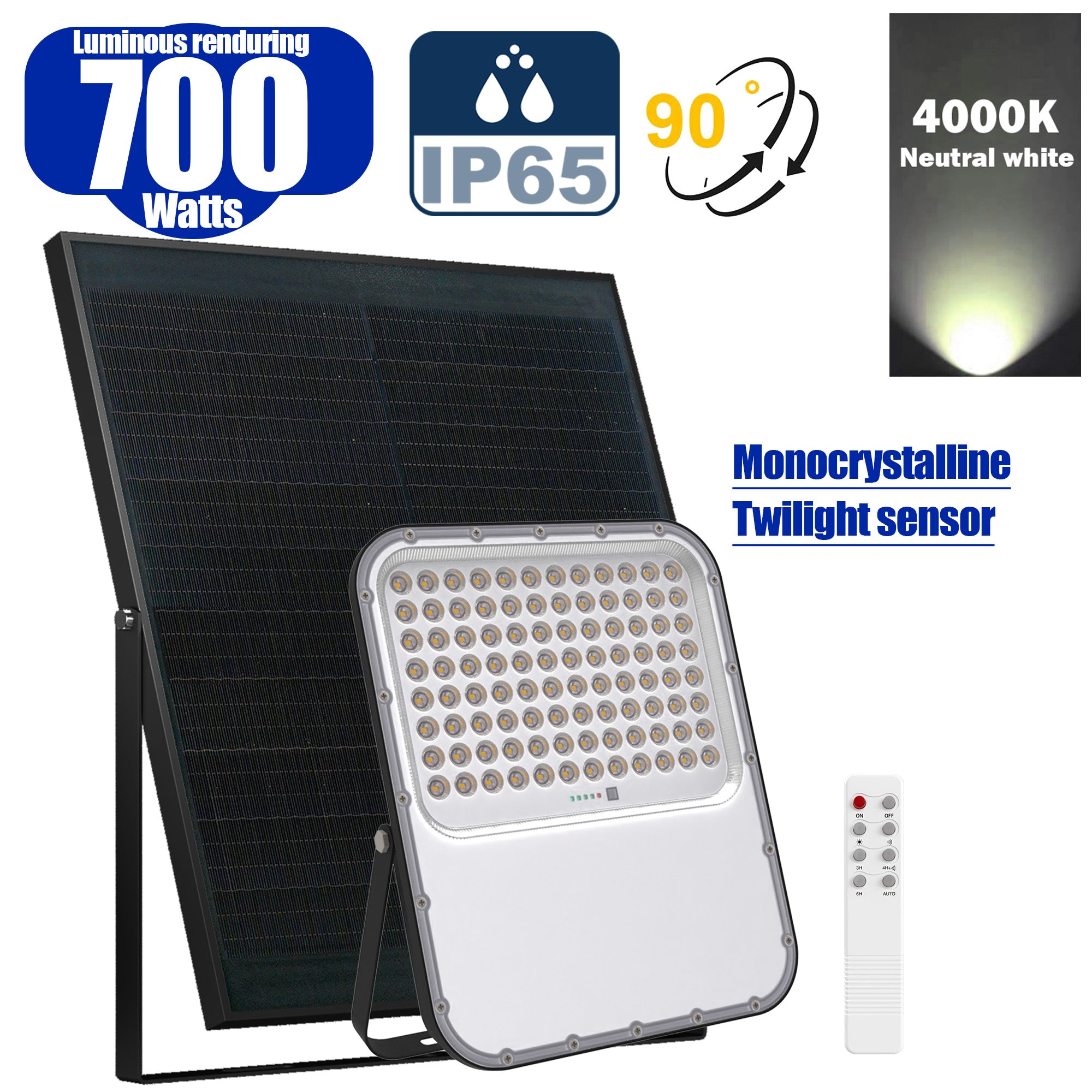 BIG BOY V3 – Solar LED Floodlight – 700 Watts – 4200 Lumens - FULL BLACK Monocrystalline Solar Panel - Remote Control – Aluminum Housing