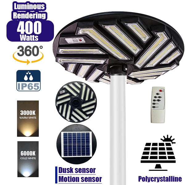 OVNI EMERAUDE Outdoor Solar Lamp – 400 Watts – 2300 Lumens – Polycrystalline Panel – Motion Sensor – Dusk Sensor – Remote Control