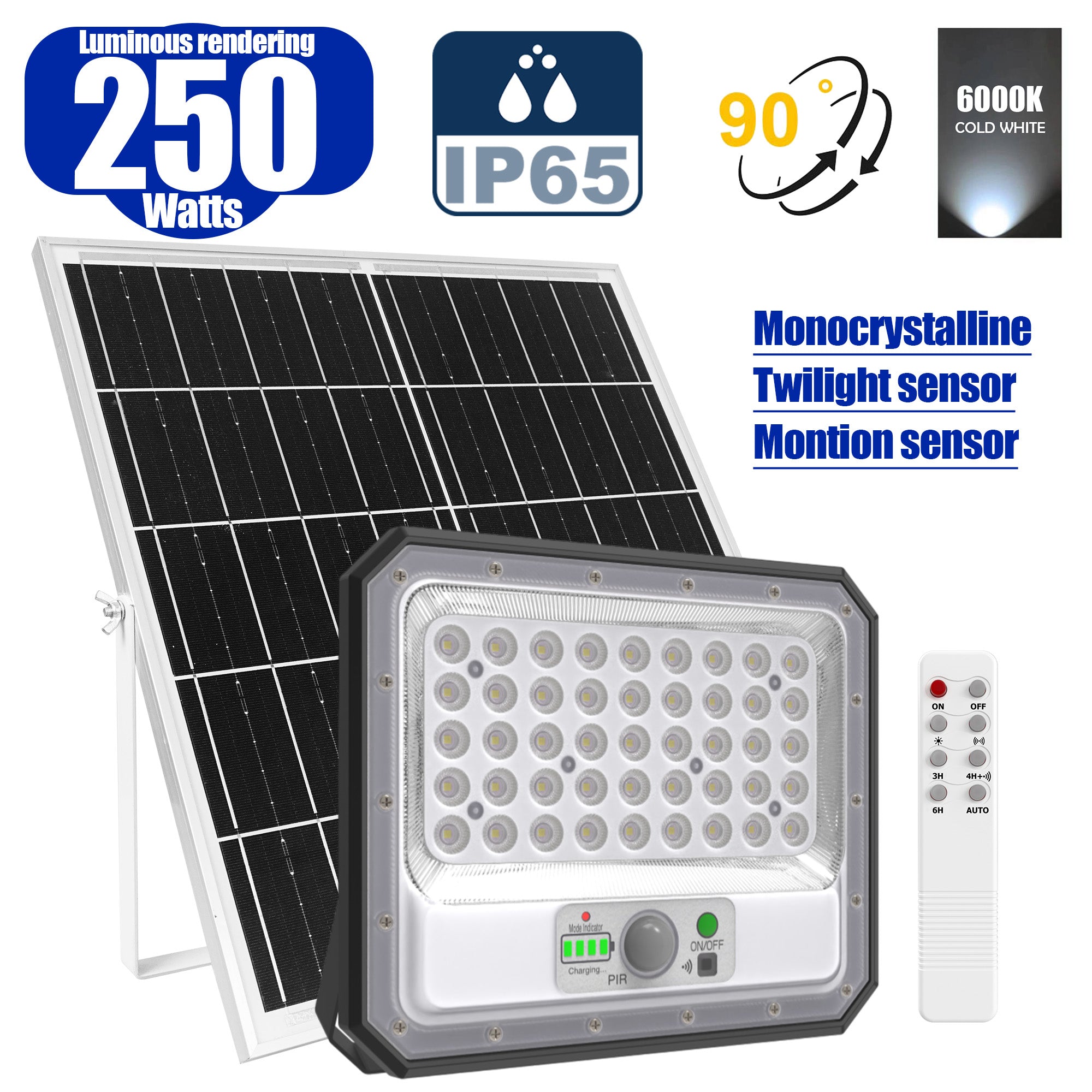 Solar LED Floodlight – SECURITY V2 Series – 250 Watts – 1500 Lumens – IP65 – MONOCRYSTALLINE Solar Panel - Motion Sensor
