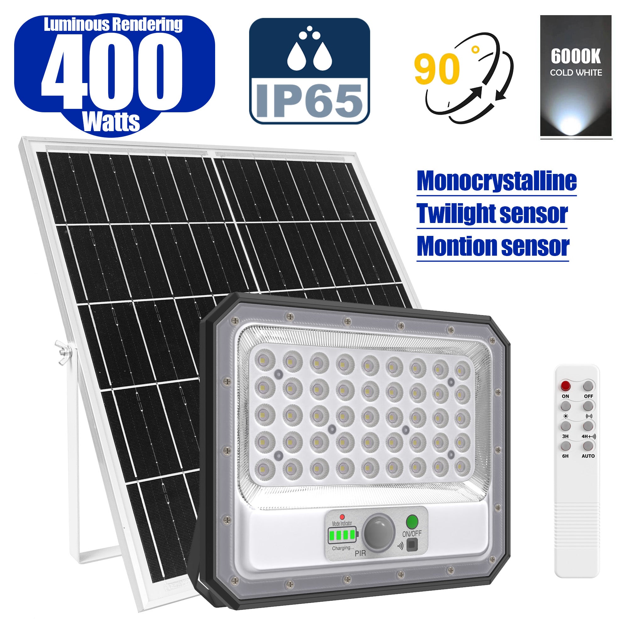 Solar LED Floodlight – SECURITY V2 Series – 400 Watts – 2100 Lumens – IP65 – MONOCRYSTALLINE Solar Panel - Motion Sensor