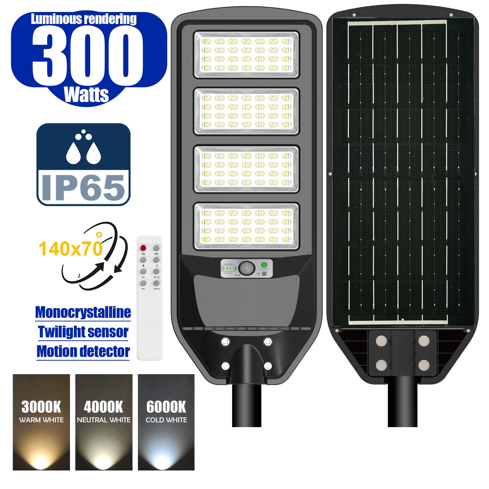 Solar - Lámpara LED para farolas - Serie VIEW V300 - 2300 lúmenes - IP65 - Panel MONOCRISTALINO - Sensor de movimiento - Control remoto